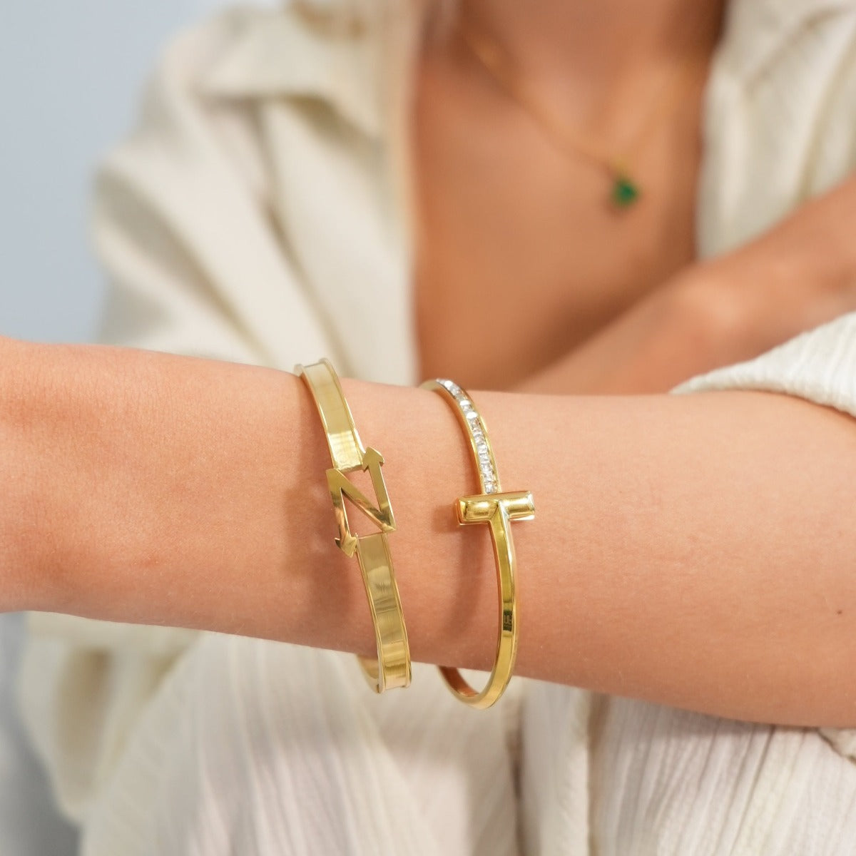 T-Bar Stone Bangle - Gold