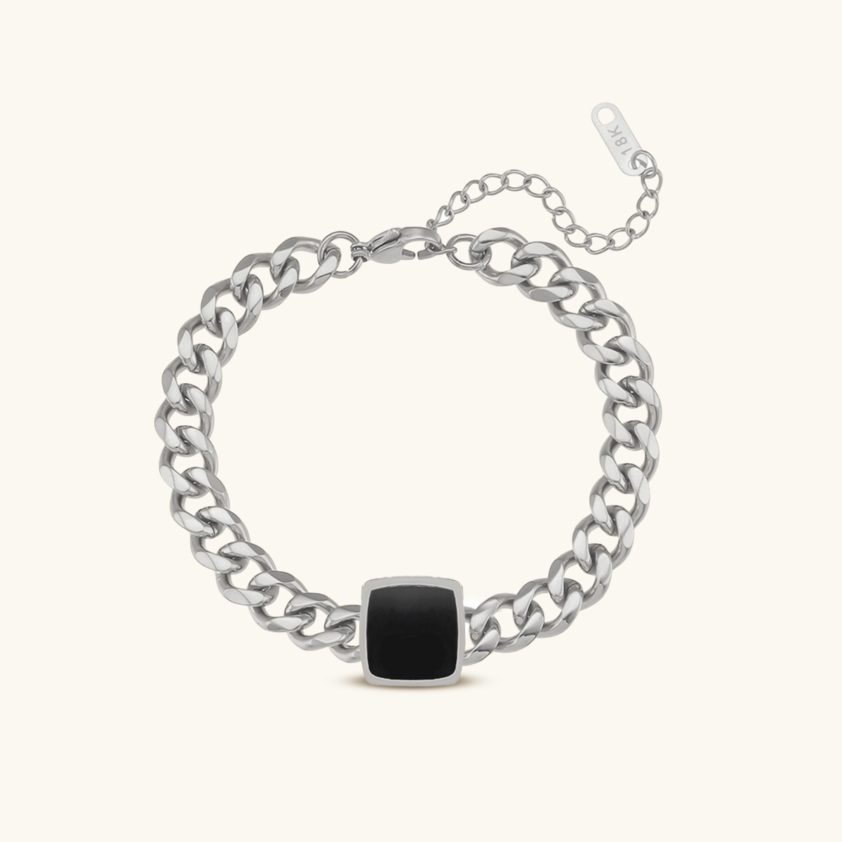 Onyx Square Pendant Cuban Bracelet - Silver