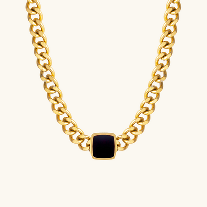 Onyx Square Pendant Cuban Chain - Gold