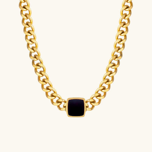 Onyx Square Pendant Cuban Chain - Gold