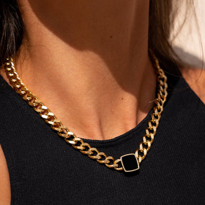 Onyx Square Pendant Cuban Chain - Gold