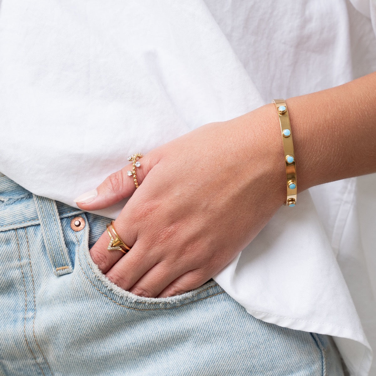 Aqua Stone Bangle Bracelet - Gold